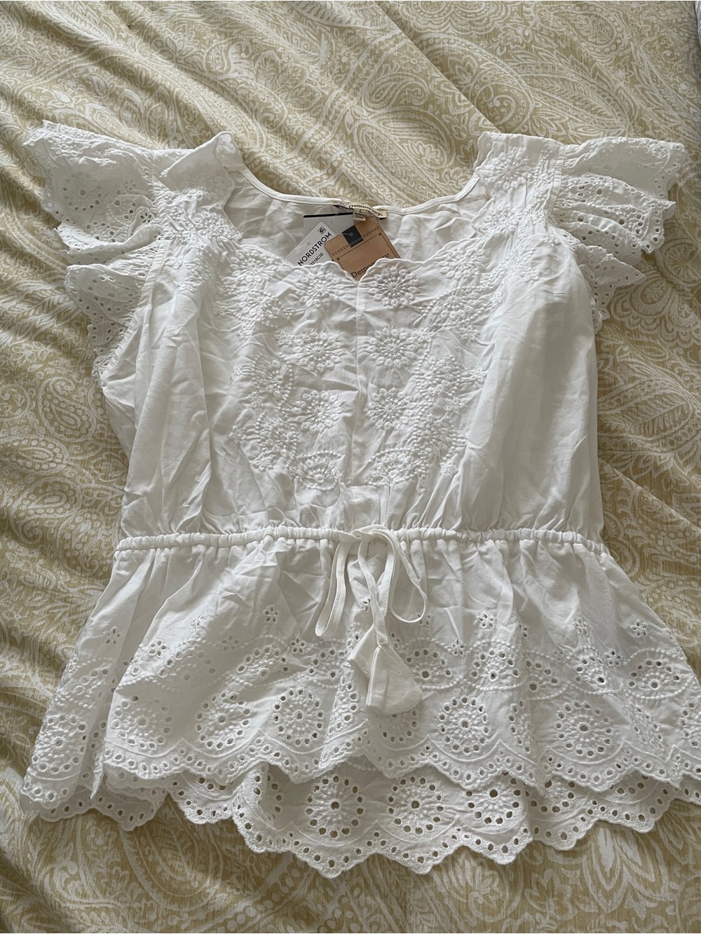 Democracy Embroidered White Eyelet
Flutter Sleeve Peplum Blouse - Size Large NWT